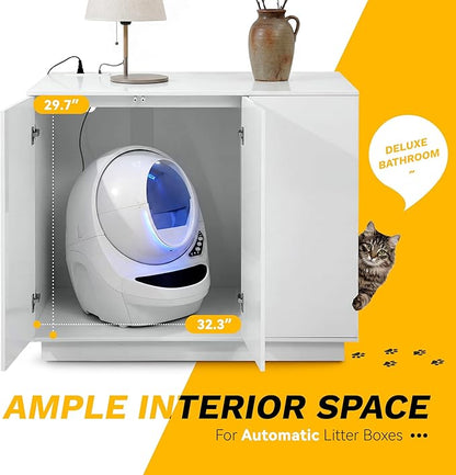 Large Hidden Litter Box Furniture with Led Light & Power Outlets, Modern Cat Litter-Box Enclosure for Self-Cleaning Litter Boxes, Indoor Wooden Storage Cat Cabinet, High-Gloss White