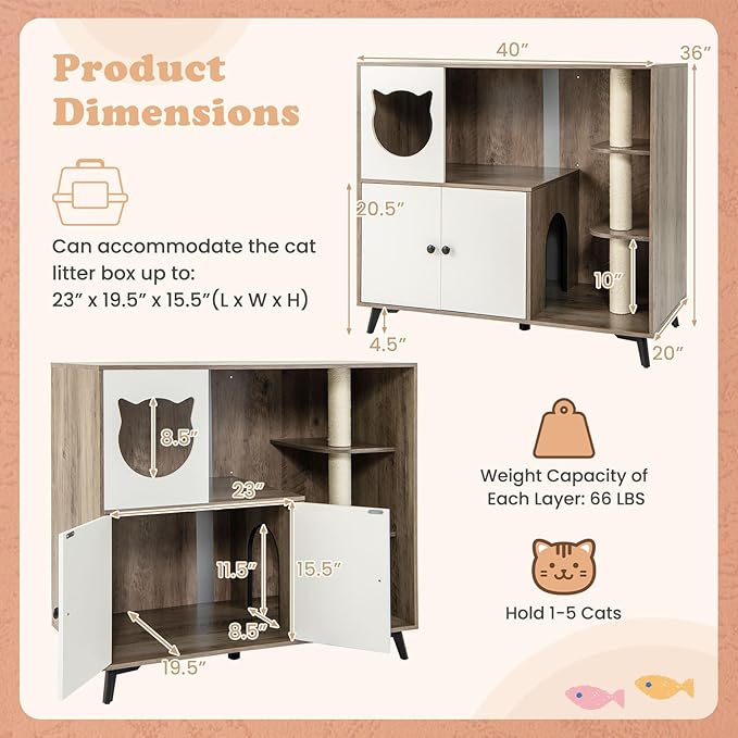 PETSITE Cat Litter Box Enclosure, Multifunctional Hidden Litter Box with Sisal Scratching Posts, Cat Condo, Litter Box Cabinet Furniture with 5 Metal Supporting Legs and Multiple Storage Space