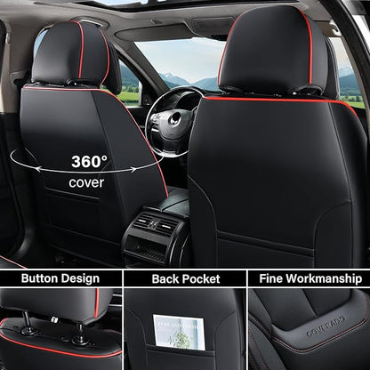 Coverado Universal Seat Covers Full Set, 5 Seats Universal Seat Covers for Cars, Waterproof Nappa Leather Car Seat Covers with Head Pillow, Auto Protectors Fit for Most Pick-up Truck, Black&Redline