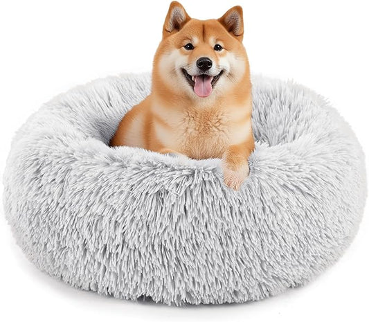 Sweetcrispy 30.7"x30.7" Donut Dog Bed, Large Round Calming Cat Bed with Washable Waterproof Cushion, Anti-Anxiety & Anti-Slip Fluffy Cuddle Cozy Faux Fur Plush for Pet Puppy Indoor Sleeping, Gery