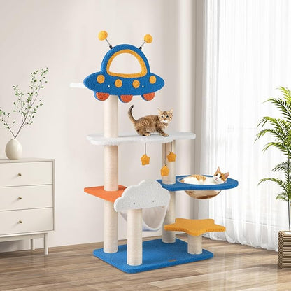 PETSITE 49-inch Cat Tree for Indoor Cats, Space-Themed Multi-Level Cute Cat Tree Tower with Sisal Scratching Posts, UFO Top Perch, Space Capsule, Cloud & Star Platforms, Dangling & Spring Balls
