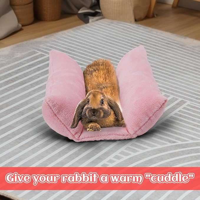 MEWTOGO 14" x 13" Bunny Bed for Rabbit Cage - Thickened Soft Prevent Sore Hocks Plush Mat with Cotton Lounger Pillows, Small Animal Flop Mat for Hutch Sleeping Indoor, Pink
