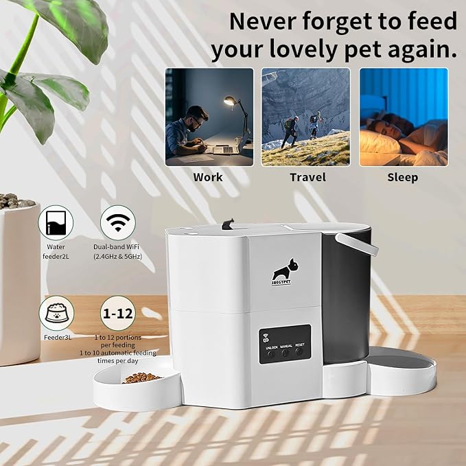 Automatic Cat Feeder 2-in-1 Cat Feeder and Gravity-Fed Water System | 3L Food Tank & 2L Water Tank for Supports 5G/2.4GHz Dual-band WiFi APP Remote Control | Up to 10 Timed Feedings Per Day