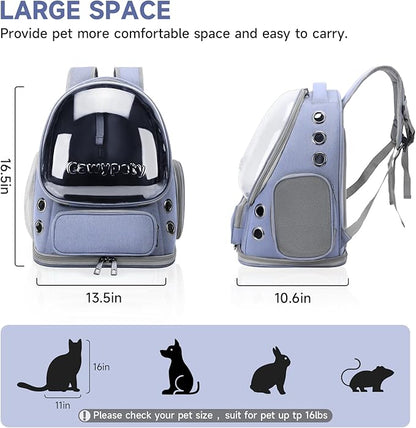 Cawypety Cat Backpack Carrier, Breathable Cat Carrier Large Space Bubble Pet Backpack for Kitty Small Dog up to 12lbs, Transparent & Foldable Pet Carrier for Travel Hiking (Blue