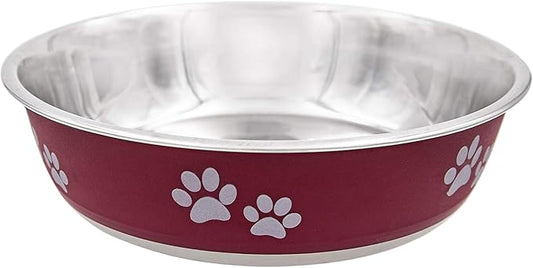 Fuzzy Puppy Food Bowl & Water Bowl for Dogs & Cats | Designer Series: Paw Print Detail, Stainless Steel & Maroon, 28 oz (FPP-Maroon M)