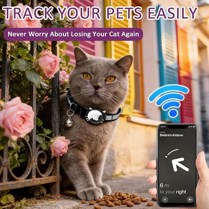 Airtag Cat Collar, Reflective Cat Collar with Apple Air Tag Holder, Breakaway GPS Tracker Pet Collar with Bell for Cat Kitten, Airtag Not Included, Black, XS(7-9 Inch)