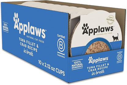 Applaws Natural Wet Cat Food in Broth, Limited and Natural Ingredients, High Protein with No Artificial Additives, Tuna Fillet & Crab in Broth (10 x 2.12 oz Easy-Open Cups)