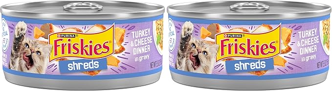 Friskies Purina Shreds Turkey and Cheese Dinner in Gravy High Protein Wet Cat Food - 5.5 oz. Cans,(Pack of 48)