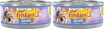 Friskies Purina Shreds Turkey and Cheese Dinner in Gravy High Protein Wet Cat Food - 5.5 oz. Cans,(Pack of 48)