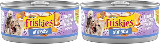 Friskies Purina Shreds Turkey and Cheese Dinner in Gravy High Protein Wet Cat Food - 5.5 oz. Cans,(Pack of 48)