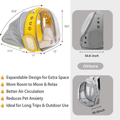Cat Backpack Carrier Back Expandable Bubble Pet Carrier Backpack for Large Cat, Kitten and Dog, Designed for Hiking, Travelling and Outdoor Use (Back Expandable-Yellow)