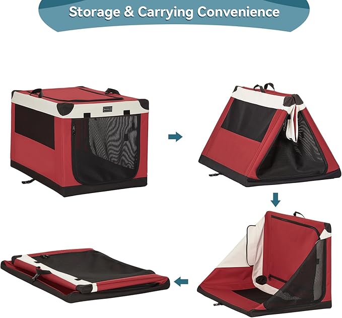 PETSFIT 30" Soft Portable Dog Crate – Patented Spiral Sturdy Frame, Collapsible Travel Kennel for Medium Dogs, 3 Mesh Door, Lockable Zippers, Indoor & Car Use Red