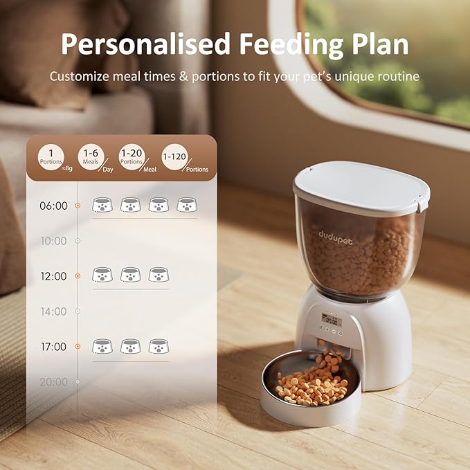 5L/21 Cup Automatic Cat Feeder, Timed Cat Food Dispenser, Automatic Pet Feeders Up to 6 Meals 1-20 Portion, Dual Power Supply Cats Feeder with Stainless Steel, Pet Dry Food Dispenser for Cats & Puppy