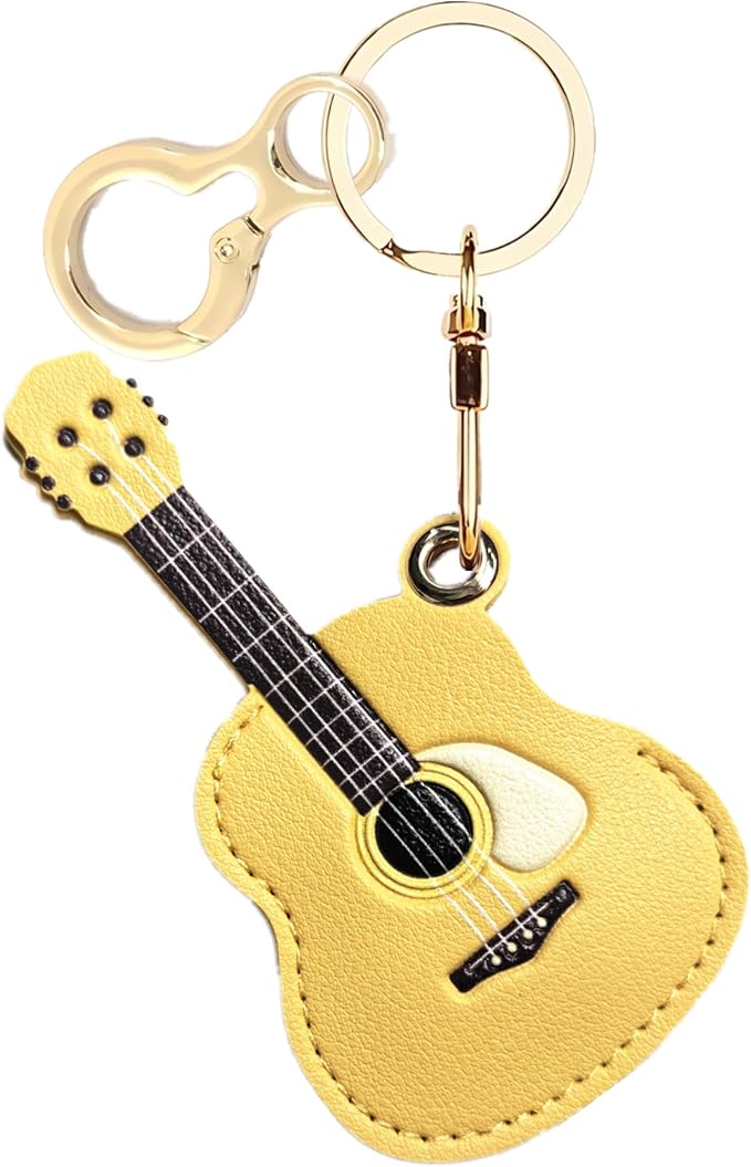 Leather Keychain Holder Case Compatible with AirTag,Cute Protective Cover with Keyring,Anti-Scratch Finder GPS Tracker Case for Wallet Keys,bag,pets,Backpack(Guitar Yellow)