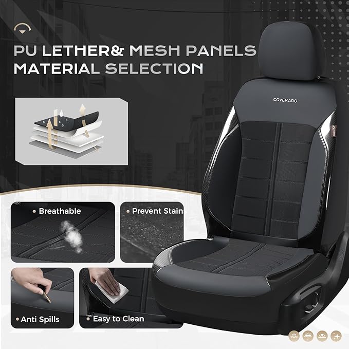 Coverado 3D Air Mesh Front Car Seat Cover, Sports Carbon Fiber Design, Breathable Seat Protectors Airbag Compatible Comfort Universal for Most Cars, Van,Trucks, SUV, Black