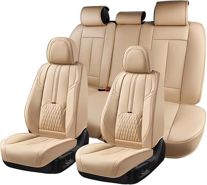 Coverado Seat Covers for Cars, 5 Seat Waterproof Seat Cover with Lumbar Support, Front and Rear Seat Covers, Luxury Leather Car Seat Protectors, Car Seat Cushions Universal Fit for Most Cars (Beige)
