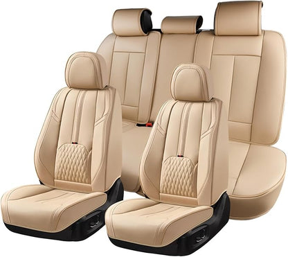 Coverado Seat Covers for Cars, 5 Seat Waterproof Seat Cover with Lumbar Support, Front and Rear Seat Covers, Luxury Leather Car Seat Protectors, Car Seat Cushions Universal Fit for Most Cars (Beige)