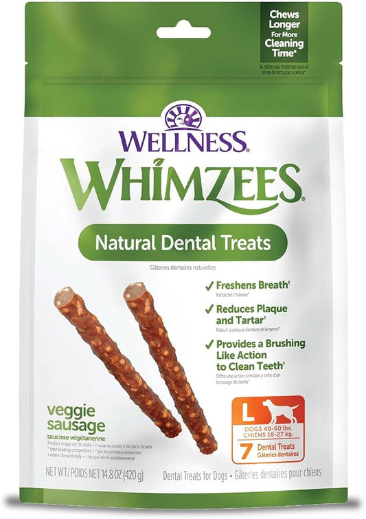 Whimzees Wellness Veggie Sausage Dog Dental Treat, Chews, Freshens Breath, Large Size, 14.81 oz Bag, 7 Count