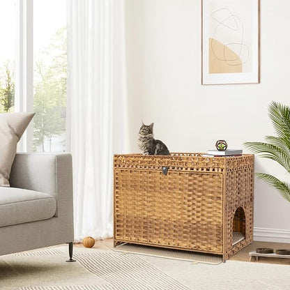 Cat Litter Box Enclosure Furniture Hidden with Soft Mat,Handwoven Rattan Cat House with Door for Large Cats Stylish Hidden Washroom Furniture for Living Room, Bedroom, or Balcony,Natural