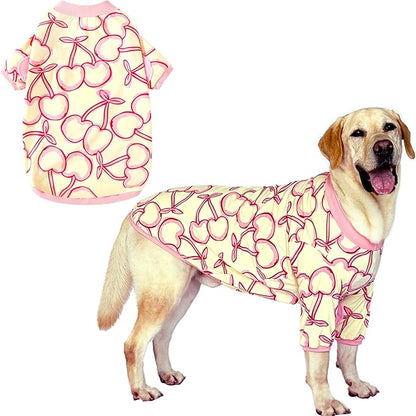 Dog Cherry T Shirts Pink Long Sleeve White Shirt Pajamas Pets Soft Cotton Apparel Clothes for Extra Large Dogs, 2XL Cherry