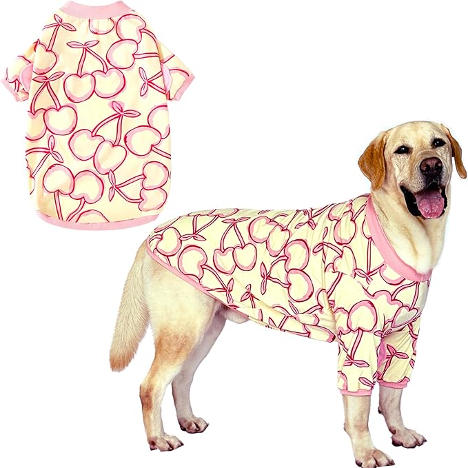 Dog Cherry T Shirts Pink Long Sleeve White Shirt Pajamas Pets Soft Cotton Apparel Clothes for Large Dogs, L Cherry