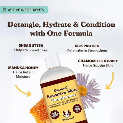 Natural Dog Company Sensitive Skin Dog Conditioner – Oatmeal Moisturizing for Sensitive & Itchy Skin, Detangling Grooming Formula for Long Haired Dogs, with Manuka Honey & Chamimile, 12 oz