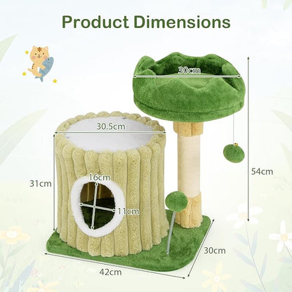 PETSITE 21.5-inch Cute Cat Tree, Small Cat Tree with Sisal Scratching Post, Cat Condo, Padded Top Perch, Interactive Spring and Dangling Ball, Ideal for Small Indoor Cats and Kittens, Green