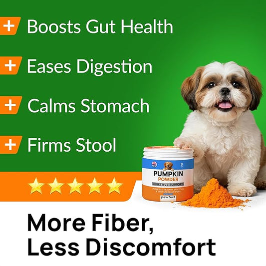 PAWFECTCHEW Pumpkin Powder for Dogs - 8oz Powdered Supplement High Fiber for Dogs Stool Softener - Treat Diarrhea, Constipation, Upset Stomach, Food Sensitivity - Improve Digestion - Made in USA