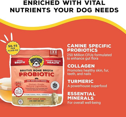 Brutus Broth Dog Food Topper - Instant Bone Broth Powder with Probiotics for Dogs’ Daily Digestive Health - Human-Grade Quality, Serve Dry or Wet - Pork Flavor, 3.5 oz (Pack of 1)