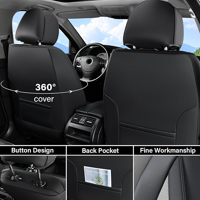 Coverado Waterproof Nappa Leather Car Seat Covers, Automotive Fullset Seat Covers, 5 Seat Car Seat Cushion & Protector, Black&Gray Front and Rear Covers Universal Fit for Most Cars, SUVs, Trucks