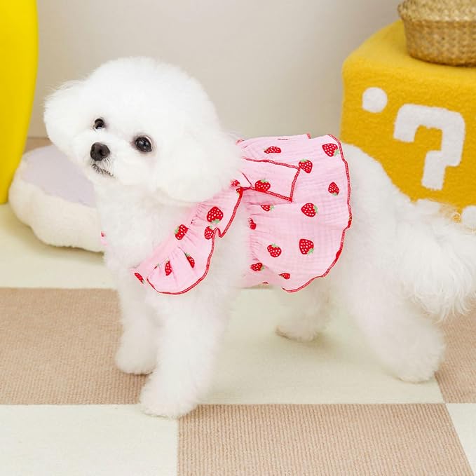 Dog Dresses for Small Dogs Girl Female Cat Clothes Cat Dress Cute Cotton Extra Summer Bow Decor Printed Strawberry Dog Birthday Outfit Small Puppy Clothes
