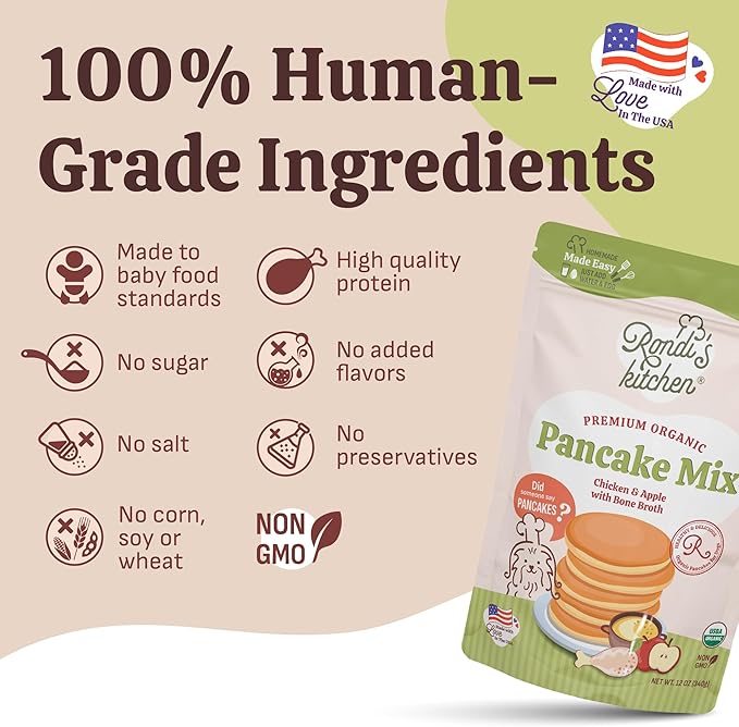Rondi's Kitchen Organic Dog Pancake Mix - Natural Healthy Treat for All Dogs - Superfood Snack Made with Human-Grade Ingredients - Makes About 38 Pancakes - Chicken & Apple with Bone Broth