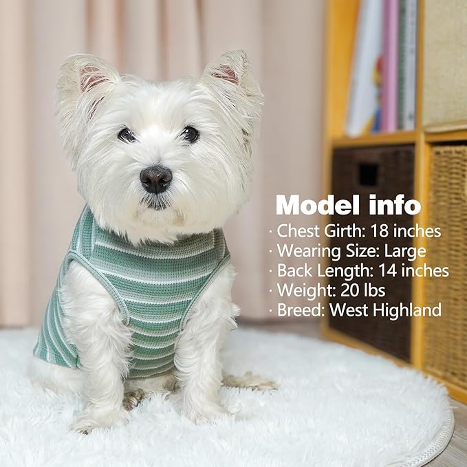 KYEESE 2Pack Waffle Dog Shirts, Lightweight Sleeveless Dog T Shirts for Small Dogs Boy Girl, Breathable Pet Vest Comfortable Tank Top Soft Dogs Clothes for Daily Wear, Green+Striped, L