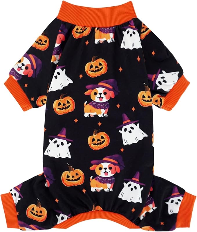 XPUDAC Dog Halloween Pajamas for Small Medium Dogs Pumpkin Costume Soft Puppy Clothes Pet Outfit Doggy Jumpsuits, Small