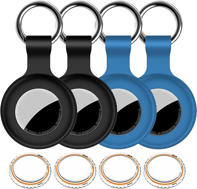 1|2|4Pack for Apple AirTag Holder,For Air Tag 2nd &1st Genaretion,Waterproof GPS Tracker Air Tag Keychain with Cover Anti-Scratch Silicone for Air-Tag Case for Pets,Kids,Luggages-Black+Black+Blue+Blue