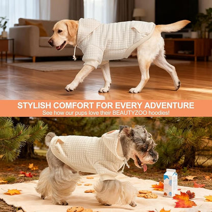 BEAUTYZOO Small Dog Hoodie Sweater with Pockets, Dog Clothes for Small Medium Dogs Boy Girl, Waffle-Like Laminated Cotton Pet Coats with Hat and Leash Hole, Cream L