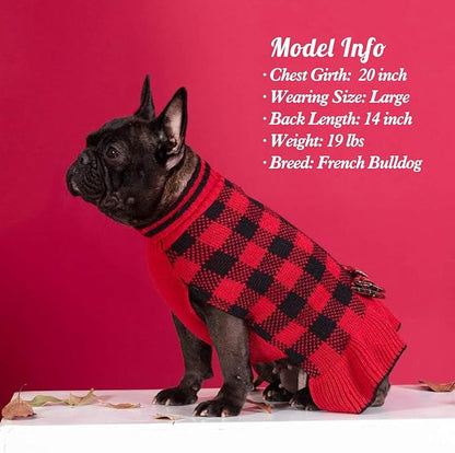 KYEESE Christmas Dog Sweater Dress for Medium Dogs with Leash Hole Classi Checkered Pet Sweaters Dog Christmas Outfit with BowtieTurtleneck Dogs Apparel for Winter, XXXL