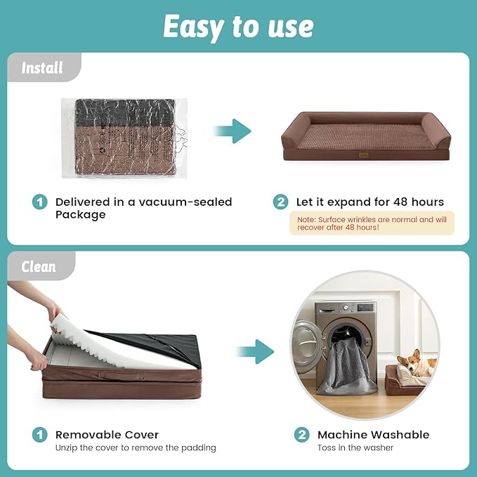 COZY KISS Orthopedic Dog Bed for Medium Size Dogs, Bolster Pet Couch with Waterproof Lining, Egg Crate Foam Sofa for Pets Up to 30 lbs, U-Shaped, 30x20x6.5 inch, Brown