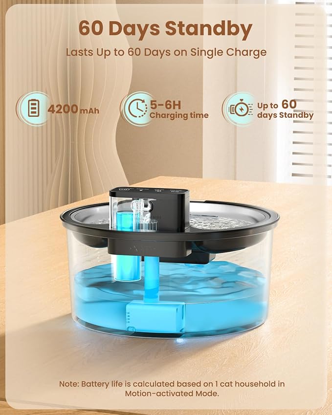 PawPoll Wireless Cat Water Fountain Stainless Steel - 3.2L/108oz Cordless Pet Water Fountain Battery Operated Cat Water Dispenser Ultra Silent Rechargeable Water Fountains for Cats and Dogs
