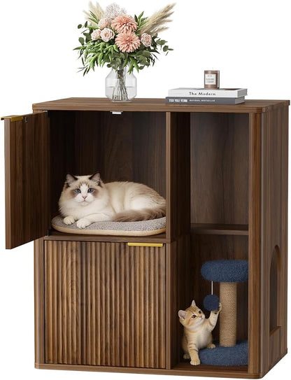 Rovibek Double Cat Litter Box Enclosure Furniture, Fluted Hidden Litter Box Enclosure for 2 Cats with Double Room, Mid Century Dual Cat Litter Cabinet with Scratching Post, Dangling Ball, Walnut