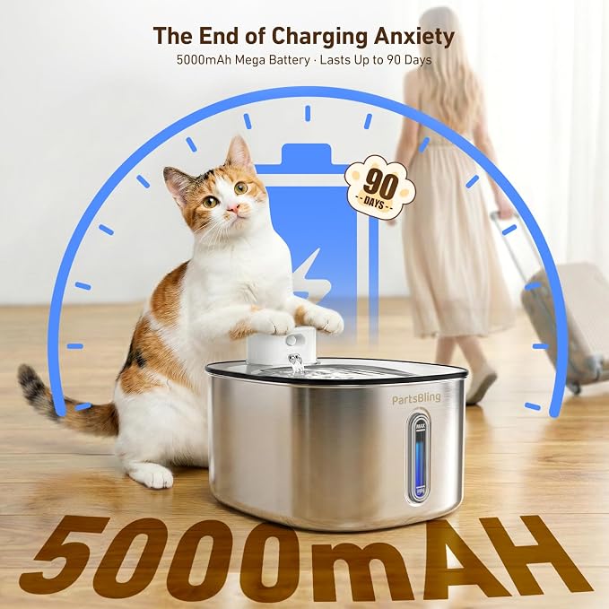 PartsBling Stainless Steel Cat Water Fountain, 4.2L/142 oz | Cordless Pet Water Fountain with Sensor, 5000mAh Rechargeable Battery, Ultra Quiet, 4 Filters, for Cats & Small Dogs, White