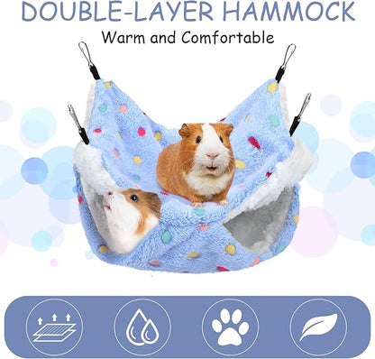 BOAO 2 Pcs Guinea Pig Rat Hammock Guinea Pig Hamster Ferret Hanging Hammock Accessories for Small Animals Chinchilla Parrot Sugar Glider Ferret Squirrel (Hot Pink,Blue,Dot Pattern)