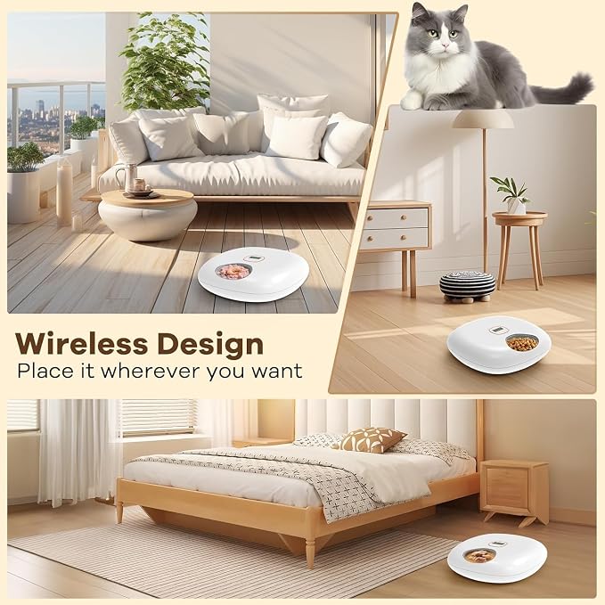 Automatic Cat Feeder Wireless, Sharper Image Auto Cat Food Dispenser for Dry Food with 4 Ice Packs, Rechargeable Auto Feeder for Cats and Dogs with Programmable Timer Low Battery Indicator, White | Rechargeable, 6 meals, 4 ice packs, 14.5x13.6x5in, for...