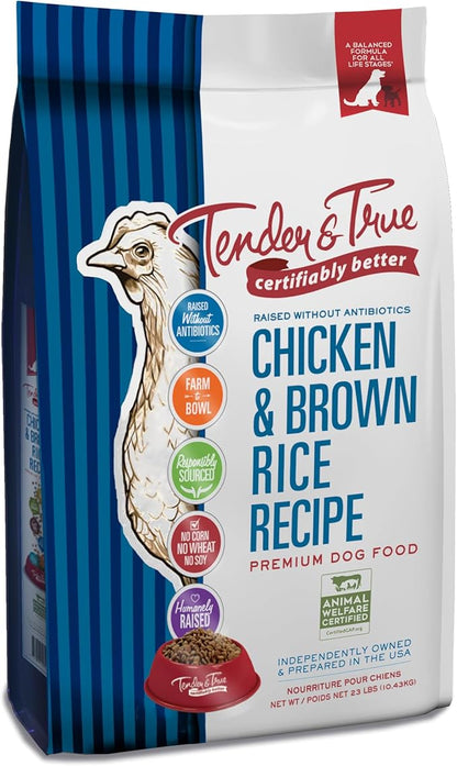 Tender & True chicken and brown rice dog food package with blue and white striped design.
