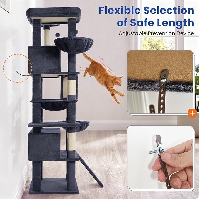 ABCPET Cat Tree 82 in Multi-Level Cat Tower for Indoor Cats, Heavy Duty Large Cat Tree with Sisal Scratching Posts, Hammock, 2 Perches, 2 Condos, 2 Hanging Baskets, Dark Grey