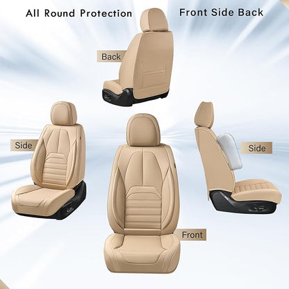 Car Seat Covers Full Set, Beige Seat Covers for Cars, Automotive Seat Covers, Waterproof Nappa Leather Front Seats and Back Car Seat Protector, Universal Fit for Most Cars SUV Trucks
