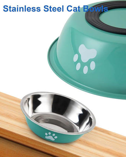 Stainless Steel Cat Bowl Set - Whisker Friendly Wide Shallow Cat Food Bowls, Non-Slip Cat Dishes, 6-Pack Cats Food & Water Bowls for Multi-Cat Homes, Indoor & Outdoor Use