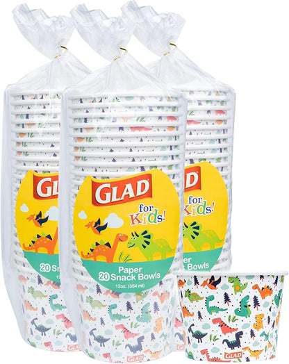 Glad for Kids Dinosaurs Paper Snack Bowls, Colorful Heavy Duty Microwave Safe Disposable Bowls for Soup, Ice Cream, and Snacks, Lids Not Included, Multicolor, Party Pack, 12 Oz, 20 Count - 3 Pack
