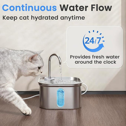 Cat Water Fountain Stainless Steel, 108oz/3.2L with 1 Filter | Auto Shut Off, Quiet Pump, Water Level Indicator, Dry-Run Protection, Large Square Pet Water Dispenser for Cats and Dogs