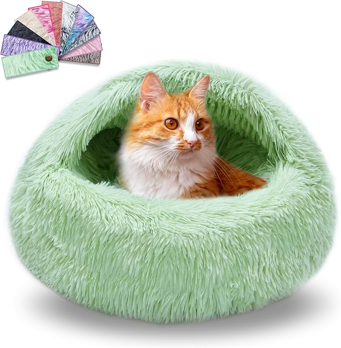 FORMYCATIE Cat Beds for Indoor Cats,Cat Cave for Puppy and Kitty,Calming Small Dog Bed for Small Dogs with Cover Cave,Cozy Warming Fluffy Washable Anti-Slip Pet Sleeping Bag(20 * 20inch,Green)